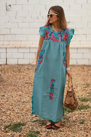 Vestido KALAMIRUMI indio bordado vichy turquesa
