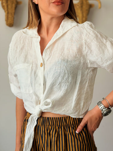 Camisa crop lazada lino blanca
