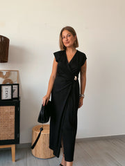 Vestido lino cruzado negro