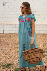 Vestido KALAMIRUMI indio bordado vichy turquesa
