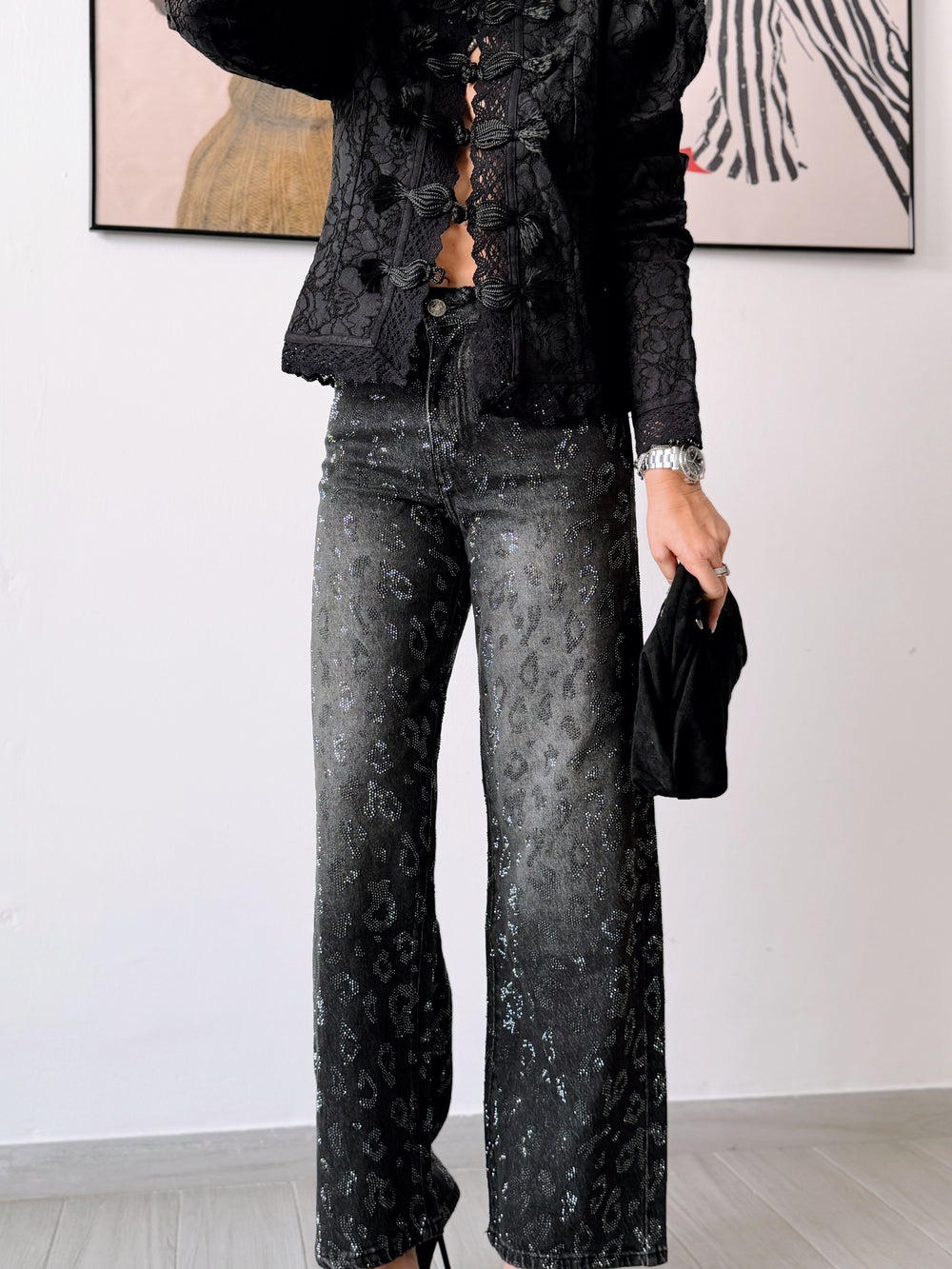Denim animal print strass