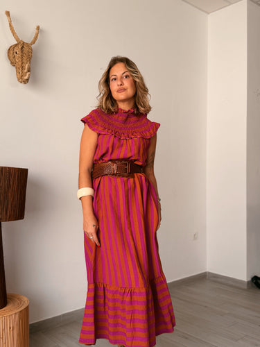 Vestido rayas MEGAN buganvilla y teja