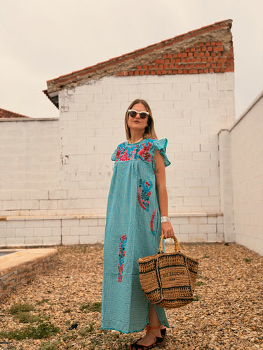 Vestido KALAMIRUMI indio bordado vichy turquesa