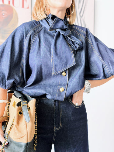 Camisa lazada tintada denim pespunte