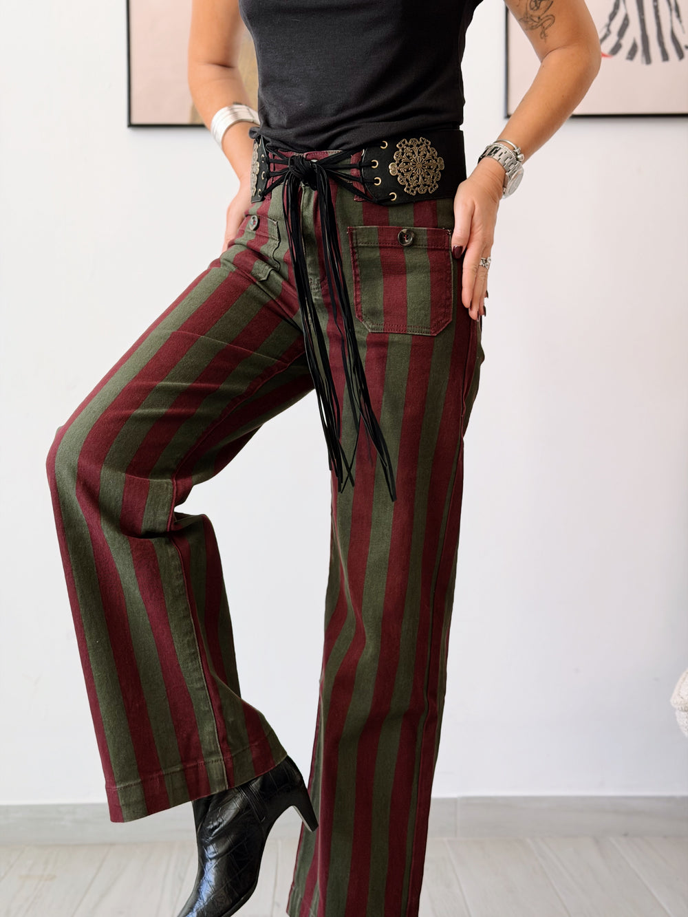 denim stripe burdeos y caqui