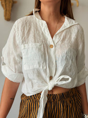 Camisa crop lazada lino blanca