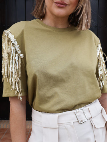 Camiseta oliva lentejuelas