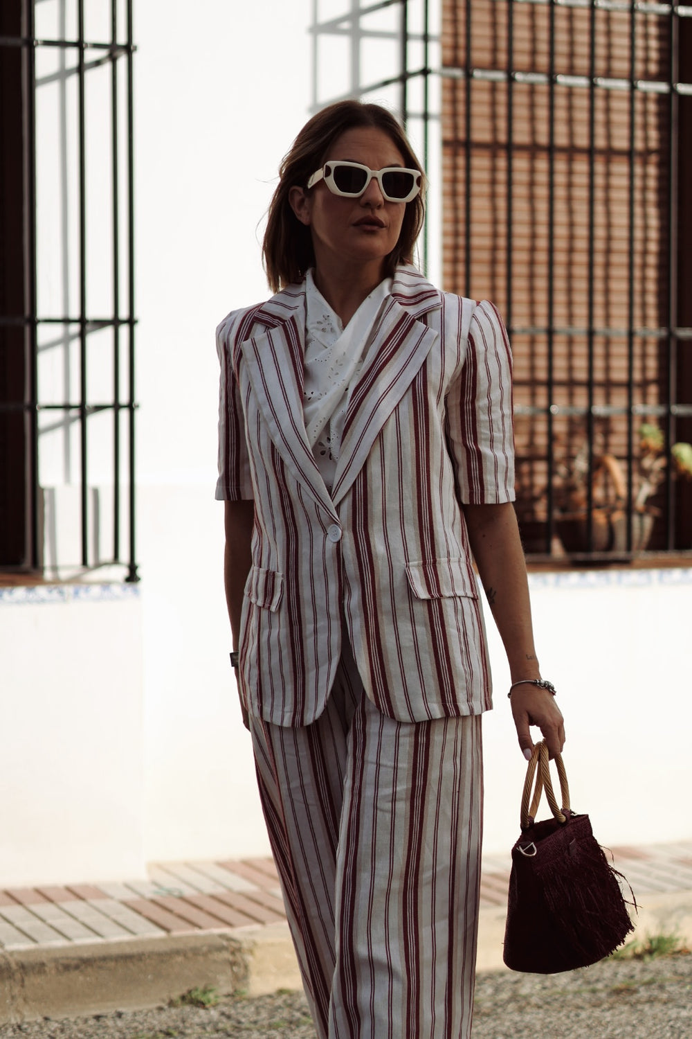 Chaqueta stripe algodón rojo y beige